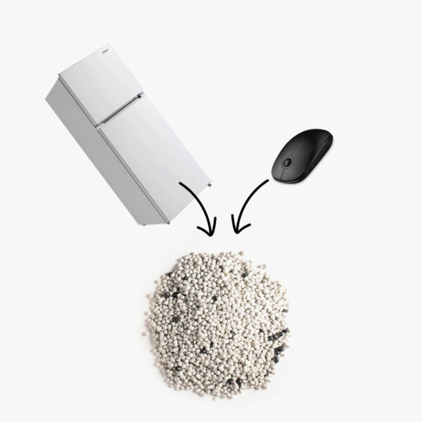 Image demonstrating lifecycle of products with fridge and mouse being converted to reusable plastic beads.